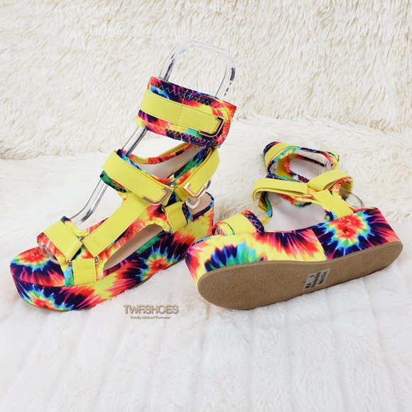 Pazzle - TWF SHOES Shoes - 2" Platform Harness Strap Sandals Colorful Tie Dye Yellow COMFY New Mia